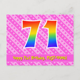 71. Geburtstag: Rosa Streifen & Herzen, Regenbogen Postkarte