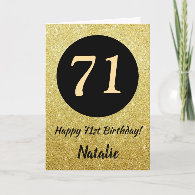 71. Happy Birthday Black and Gold Glitzer Card Karte (Vorderseite)