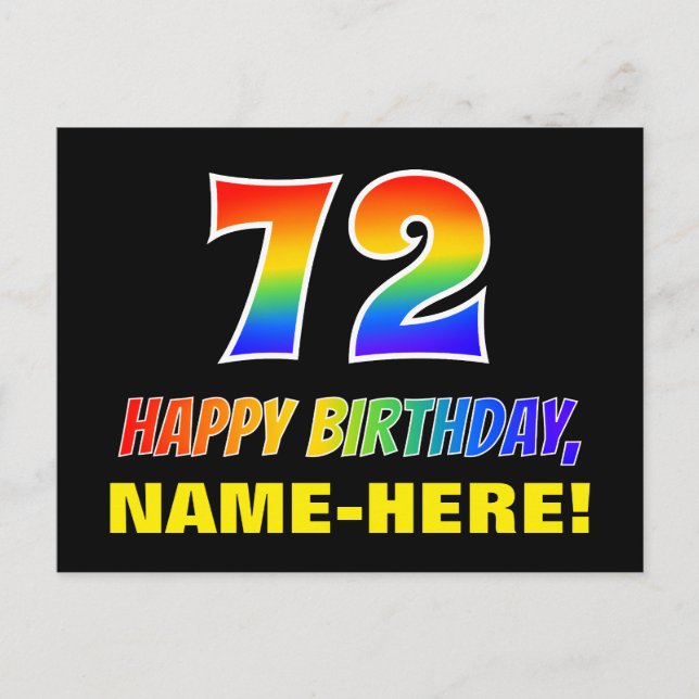 72. Geburtstag: Bold, Fun, Simple, Rainbow 72 Postkarte (Vorderseite)