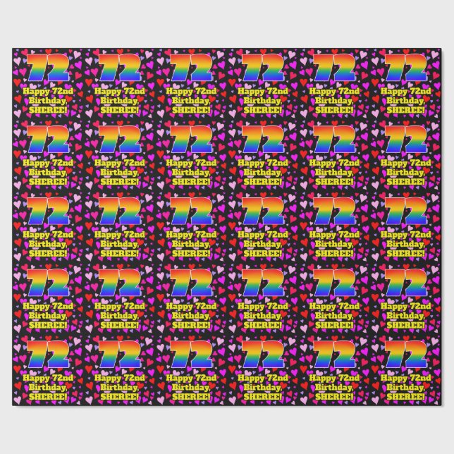 72. Geburtstag: Loving Hearts Pattern, Regenbogen  Geschenkpapier (Saum)