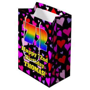 72. Geburtstag: Loving Hearts Pattern, Regenbogen Mittlere Geschenktüte