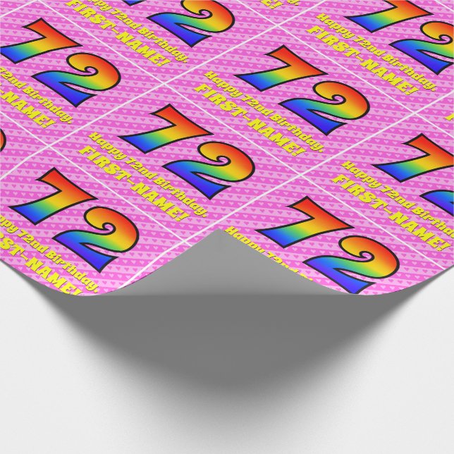 72. Geburtstag: Rosa Streifen & Herz, Regenbogen # Geschenkpapier (Ecke)