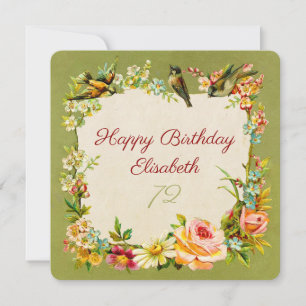 72. Geburtstag Vintage Blumen & Vögel antike Karte