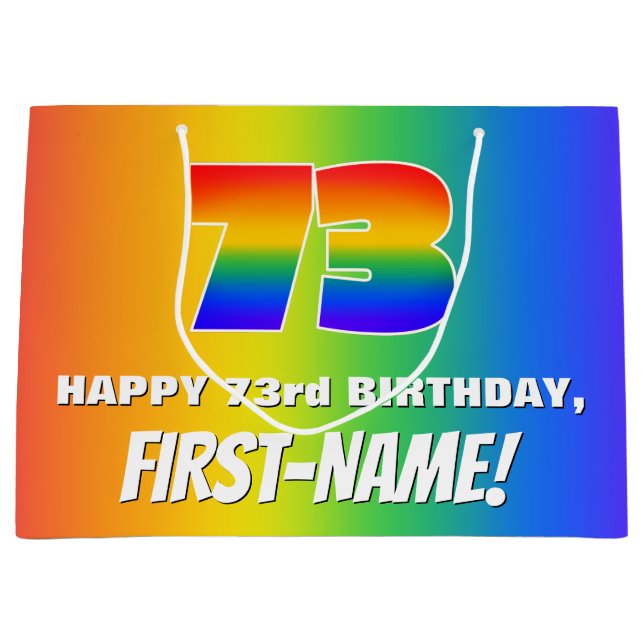 73. Geburtstag: Farbiges, lustiges Regenbogenmuste Große Geschenktüte (Vorderseite)