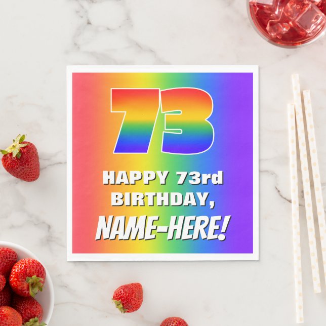 73. Geburtstag: Farbiges, lustiges Regenbogenmuste Serviette (Beispiel)