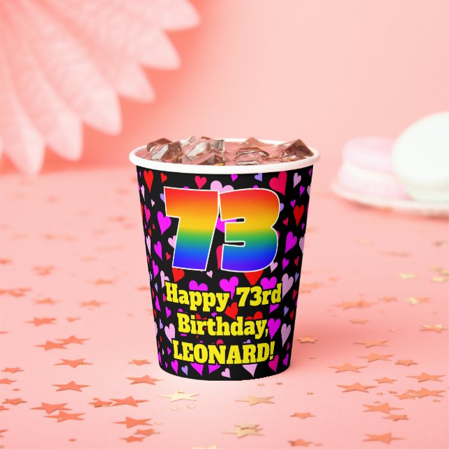 73. Geburtstag: Loving Hearts Pattern, Rainbow 73 Pappbecher (Insitu)