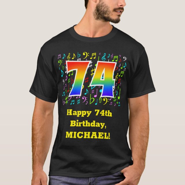 74. Geburtstag: Farbige Musiksymbole, Regenbogen 7 T-Shirt (Vorderseite)