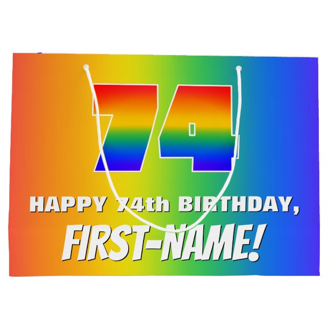 74. Geburtstag: Farbiges, lustiges Regenbogenmuste Große Geschenktüte (Rückseite)