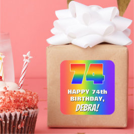74. Geburtstag: Farbiges, lustiges Regenbogenmuste Quadratischer Aufkleber