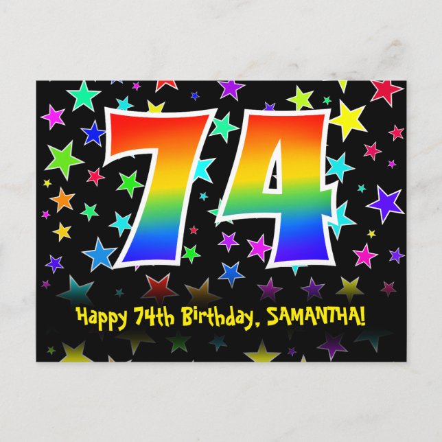 74. Geburtstag: Fun Stars Pattern, Regenbogen 74,  Postkarte (Vorderseite)