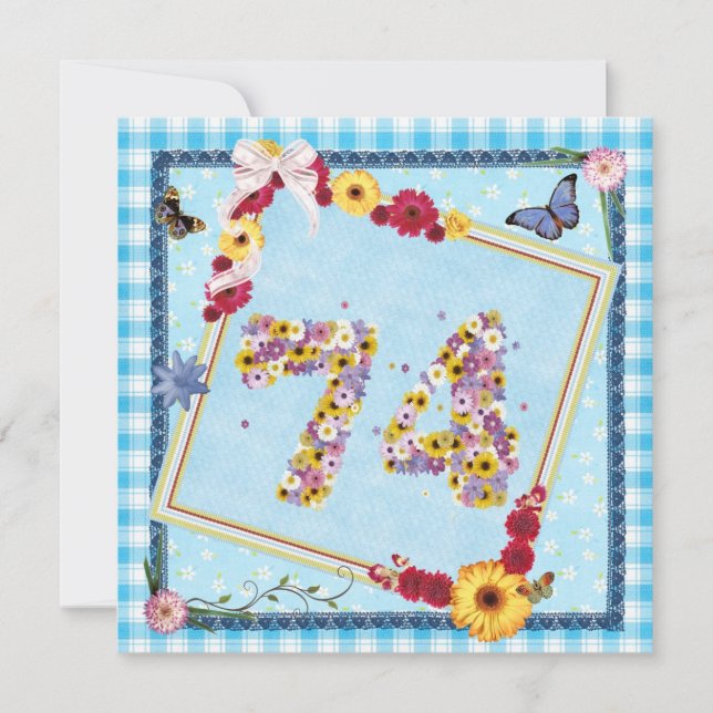 74. Geburtstagsparty Einladung Blume, Schmetterlin (Vorderseite)