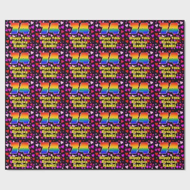 74th Birthday: Loving Hearts Pattern, Rainbow # 74 Geschenkpapier (Flach)