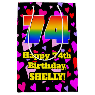 74th Birthday: Loving Hearts Pattern, Rainbow # 74 Mittlere Geschenktüte