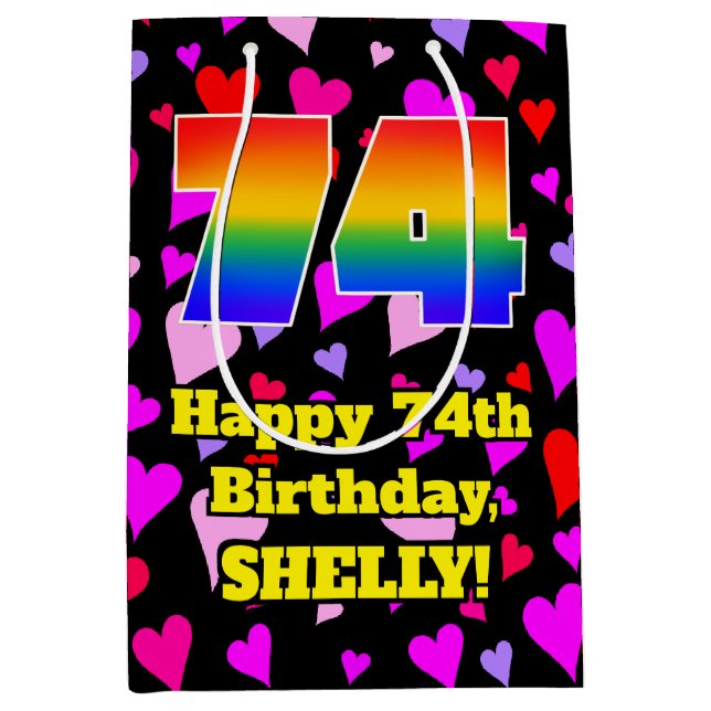 74th Birthday: Loving Hearts Pattern, Rainbow # 74 Mittlere Geschenktüte (Vorderseite)