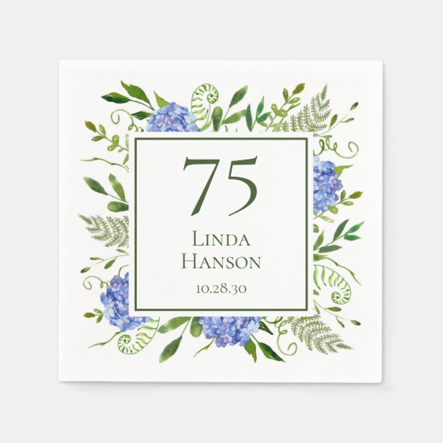 75. Geburtstag Blue Hydrangeas Serviette (Vorderseite)