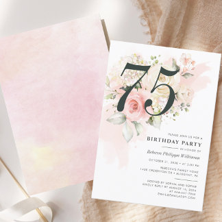 75. Geburtstag Blumenwasser Farbe Rosa Grüne Einladung