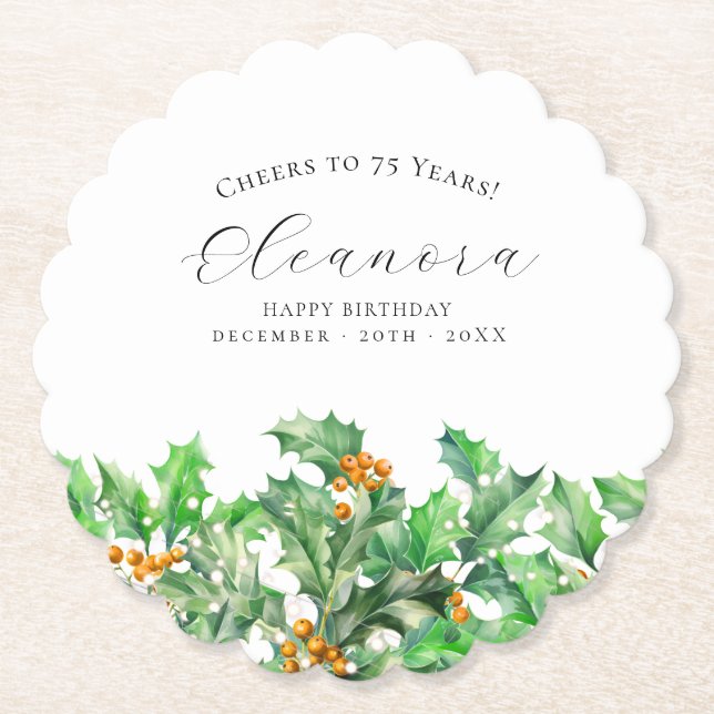 75. Geburtstag Dezember Geburtsblume Stechpalme Cu Untersetzer (Vorderseite)