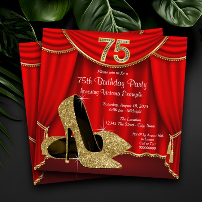 75. Geburtstag einer Frau Einladung (Womans elegant red and gold 75th birthday party invitation. Simply add your event details.)
