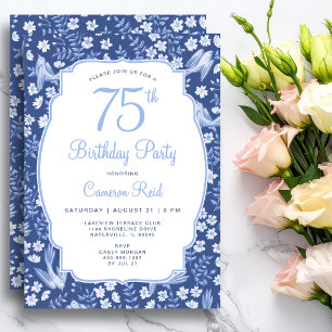 75. Geburtstag Elegant Weiblich Blumen Blau Vogel Einladung