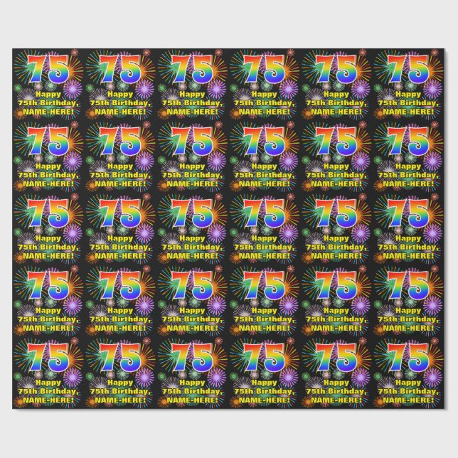75. Geburtstag: Fun Fireworks, Rainbow Look # "75" Geschenkpapier (Flach)