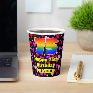 75. Geburtstag: Loving Hearts Pattern, Regenbogen Pappbecher