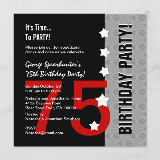 75. Geburtstag modernes rotes silbernes schwarzes Einladung