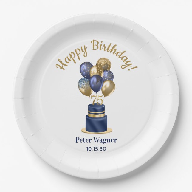 75. Geburtstag Navy Blue Balloon Cake Pappteller (Vorderseite)