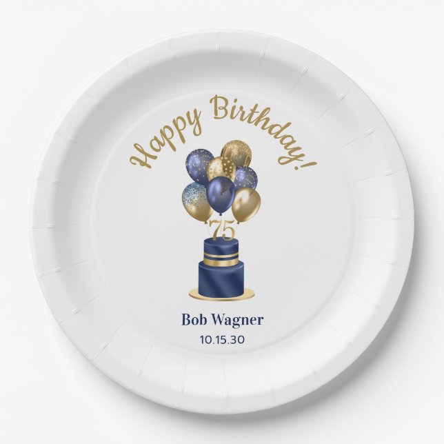 75. Geburtstag Navy Blue Balloon Cake Pappteller (Vorderseite)