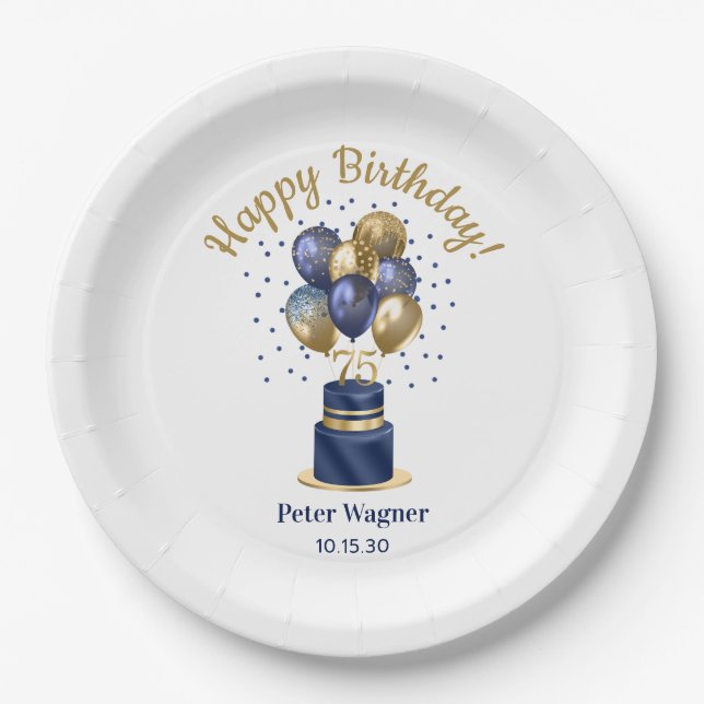 75. Geburtstag Navy Blue Balloon Cake Pappteller (Vorderseite)