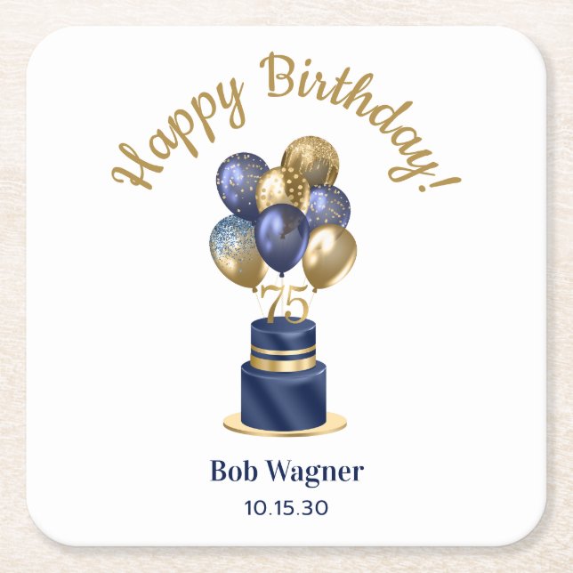 75. Geburtstag Navy Blue Balloon Cake Rechteckiger Pappuntersetzer (Vorderseite)