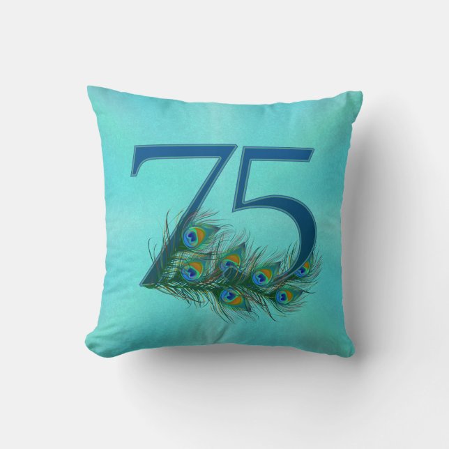 75. Geburtstag oder Jubiläum Pfauenfeder Kissen (Vorderseite)