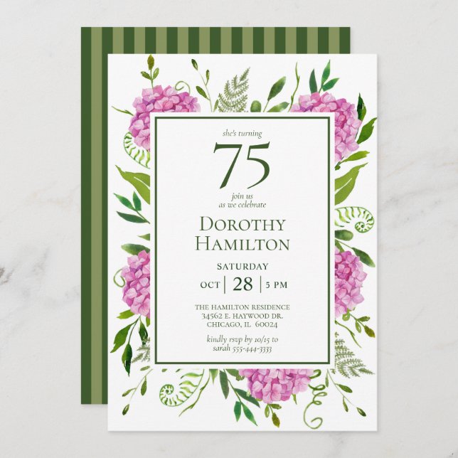 75. Geburtstag Pink Hydrangeas Einladung (Vorne/Hinten)