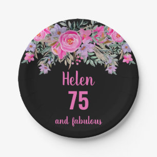 75. Geburtstag pink schwarz Aquarellblume Pappteller