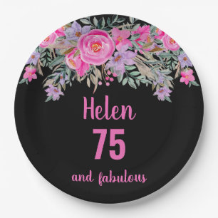 75. Geburtstag pink schwarz Aquarellblume Pappteller