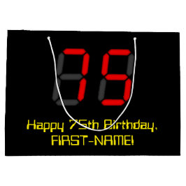 75. Geburtstag: Red Digital Clock Style "75" + Nam Große Geschenktüte