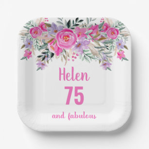 75. Geburtstag rosa Aquarellblüte Pappteller