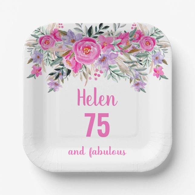 75. Geburtstag rosa Aquarellblüte Pappteller (Vorderseite)