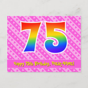 75. Geburtstag: Rosa Streifen & Herzen, Regenbogen Postkarte