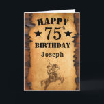 75. Geburtstag Rustikaler Western Cowboy Pferd Karte<br><div class="desc">75. Geburtstag Rustikaler Western Cowboy Pferdekarte mit personalisiertem Namen und Alter. Für weitere Anpassungen klicken Sie bitte auf die Schaltfläche "Anpassen" und verwenden Sie unser Designwerkzeug,  um diese Vorlage zu ändern.</div>