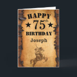 75. Geburtstag Rustikaler Western Cowboy Pferd Karte<br><div class="desc">75. Geburtstag Rustikaler Western Cowboy Pferdekarte mit personalisiertem Namen und Alter. Für weitere Anpassungen klicken Sie bitte auf die Schaltfläche "Anpassen" und verwenden Sie unser Designwerkzeug,  um diese Vorlage zu ändern.</div>