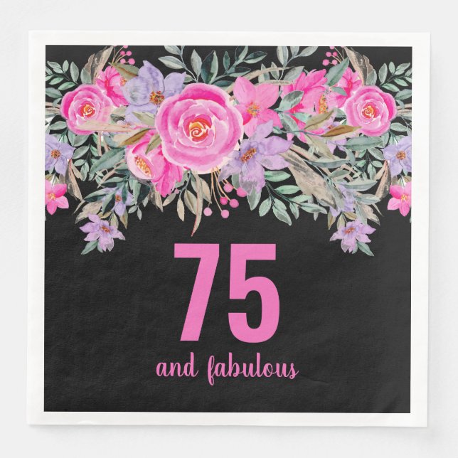 75. Geburtstag schwarz rosa Blüte Serviette (Vorderseite)