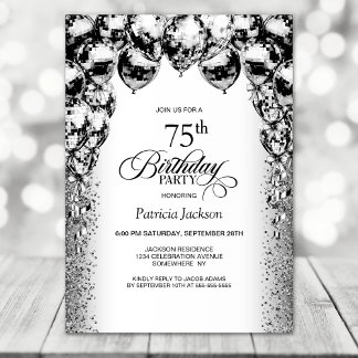 75. Geburtstag Schwarz und Weiß Balloons Party Einladung