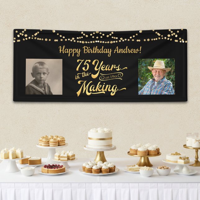 75. Geburtstag Schwarzes Gold String Lights Retro  Banner (Von Creator hochgeladen)