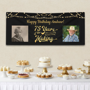 75. Geburtstag Schwarzes Gold String Lights Retro Banner