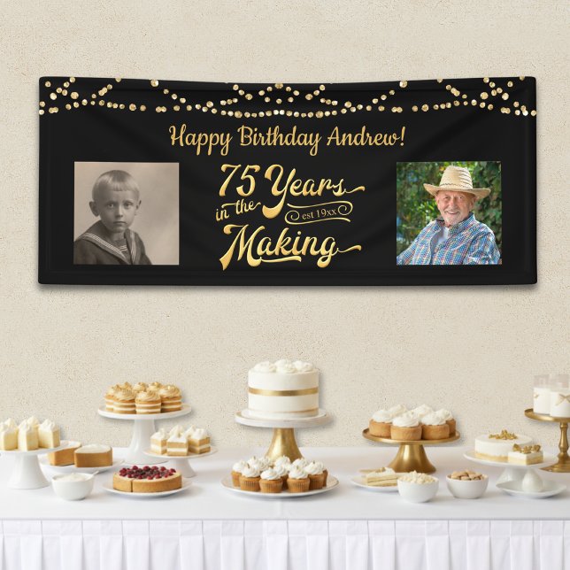 75. Geburtstag Schwarzes Gold String Lights Retro  Banner (Von Creator hochgeladen)