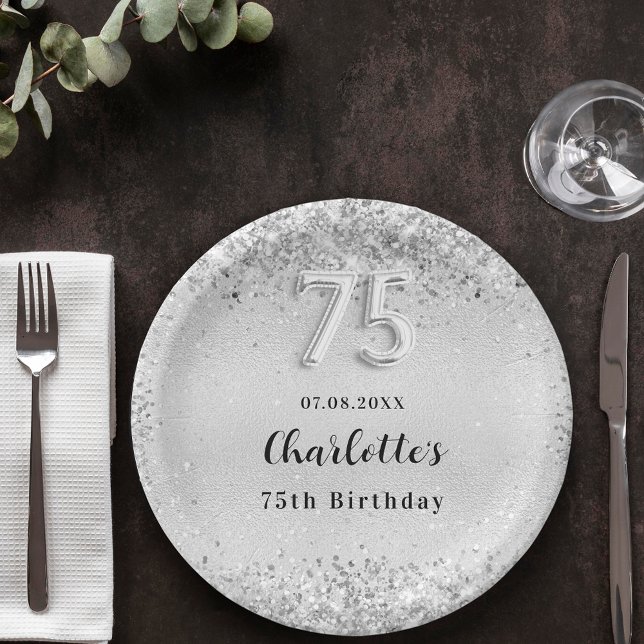 75. Geburtstag silberne elegante Konfetti Pappteller (Von Creator hochgeladen)