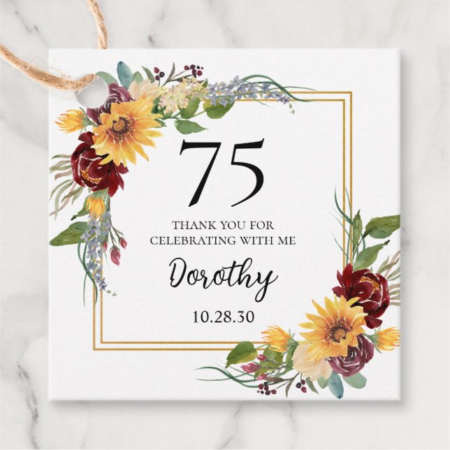 75. Geburtstag Sonnenblumen Vielen Dank Geschenkanhänger (Vorderseite)