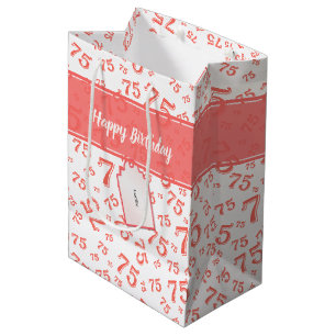 75. Geburtstag Zufallszahlen-Muster Koralle/Weiß Mittlere Geschenktüte