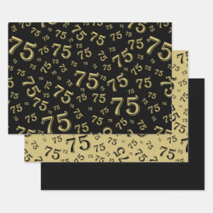 75. Geburtstags-Black & Gold Zahlenmuster 75 Geschenkpapier Set