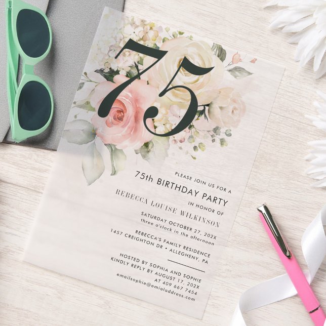 75. Geburtstagsparty (Pink Floral 75th Birthday Party Vellum Invitation)